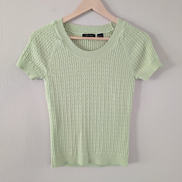 Jeanne Pierre Pistachio Green Short Sleeve Cable Knit Sweater Preppy Twee Size S - Picture 1 of 6